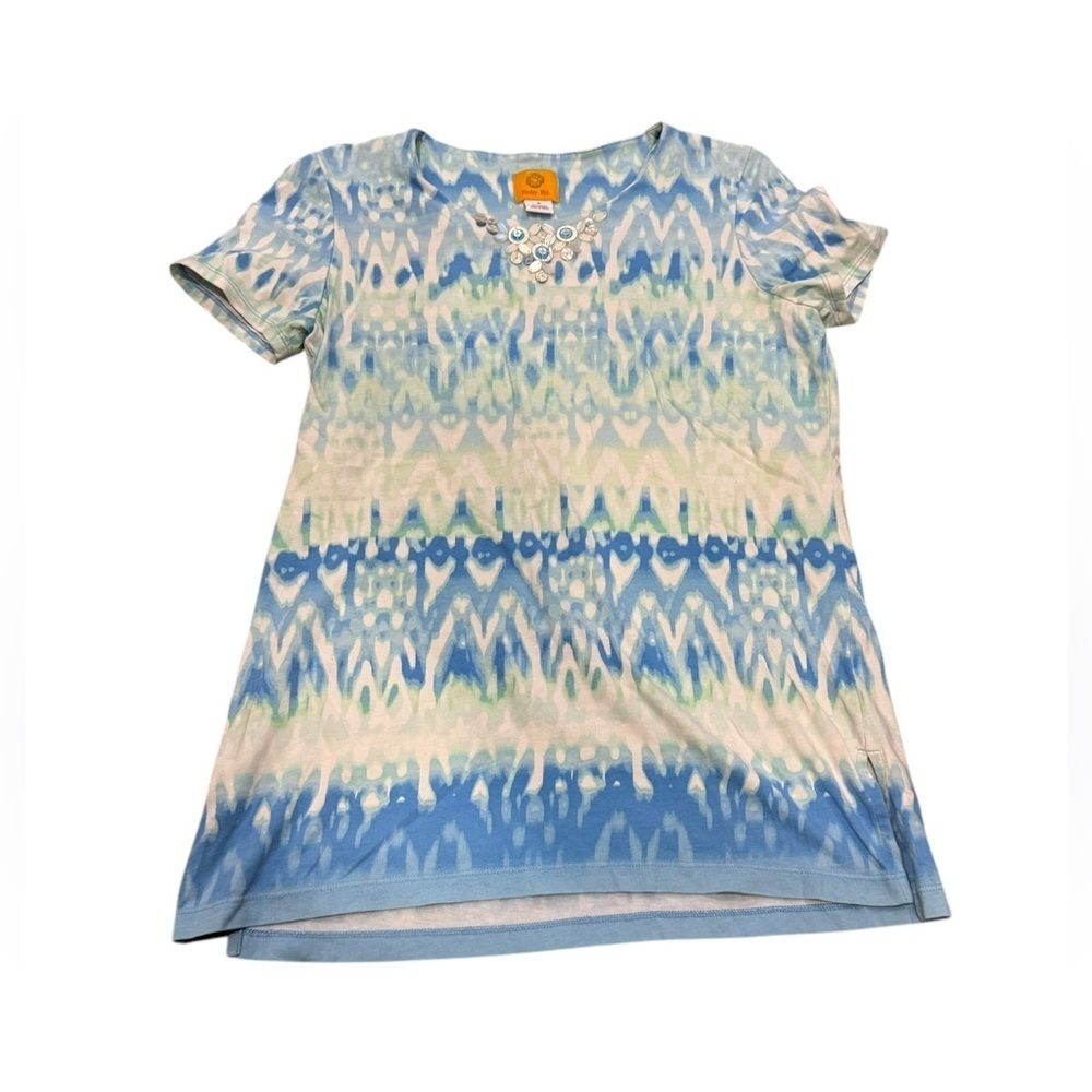 EUC Blue & White tie dye Ruby Rd Embellished neckline tee tropical resort boho S